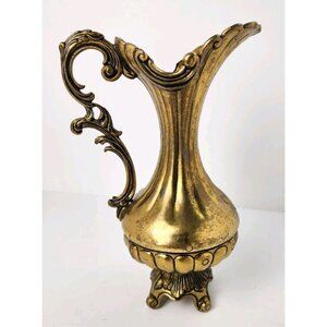 Vintage Italian Floral Embossed Metal Pitcher Vase Decor Footed Made in Italy 7"